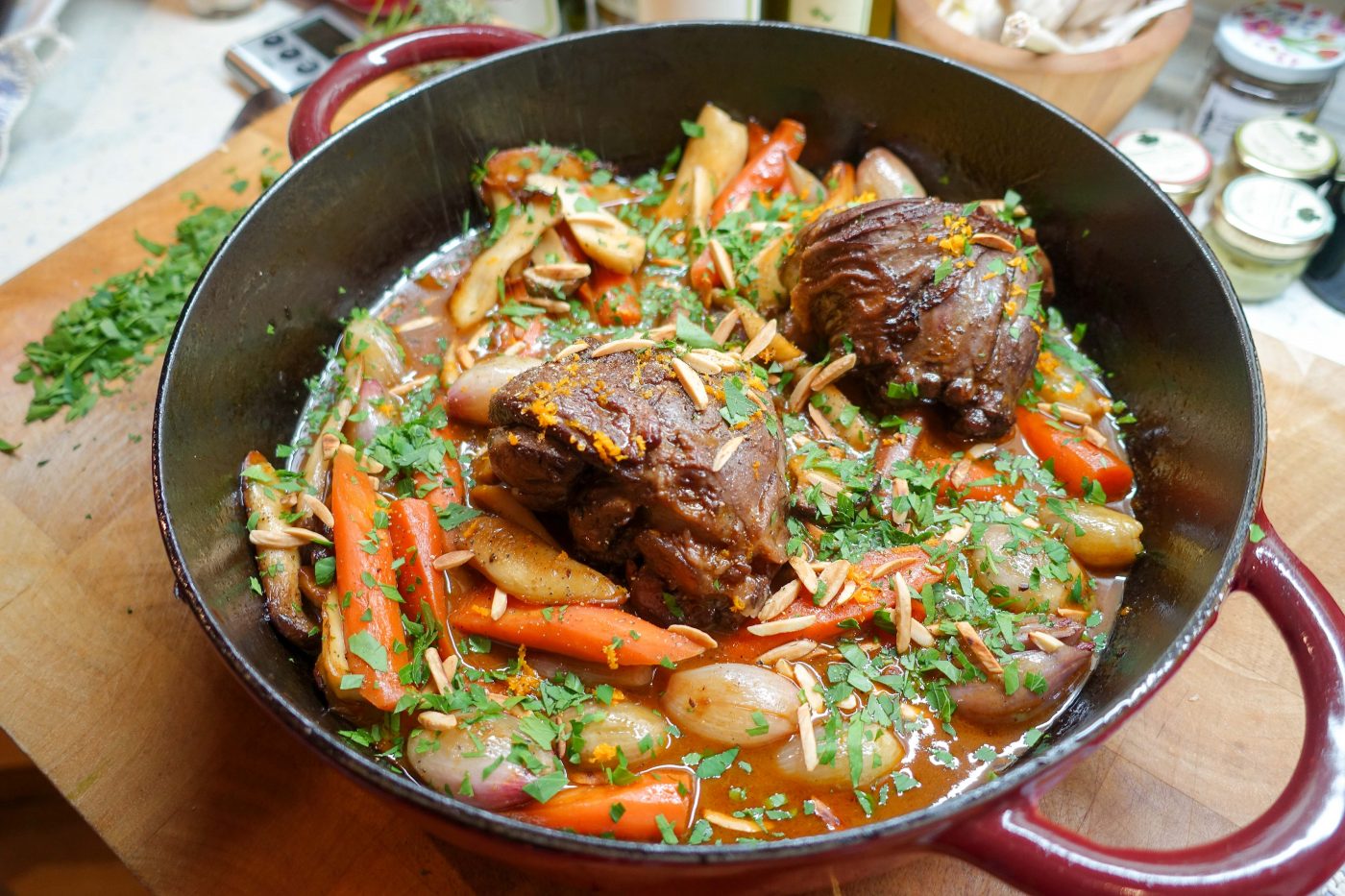 Stew with lamb shanks mushrooms, carrots and shallots