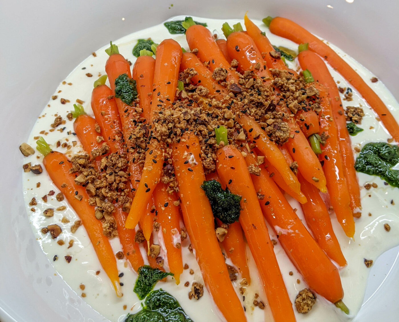 Carrots with nut crumble, dill oil and yoghurt