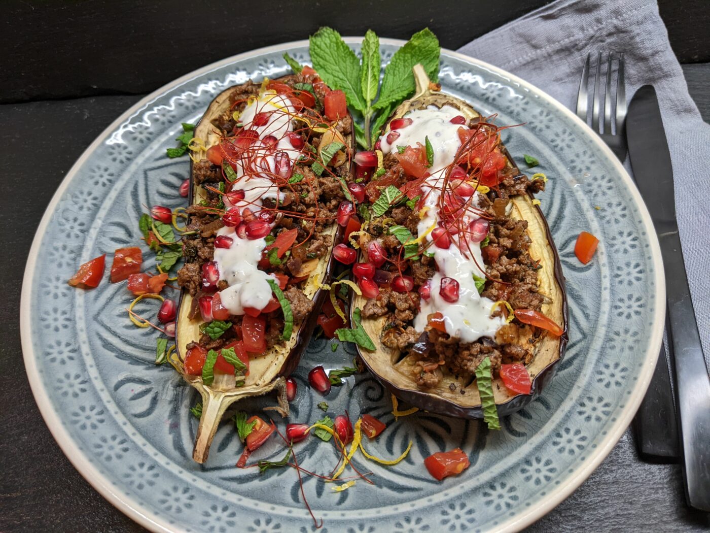 Eggplant with oriental spiced venison minced meat and yogurt